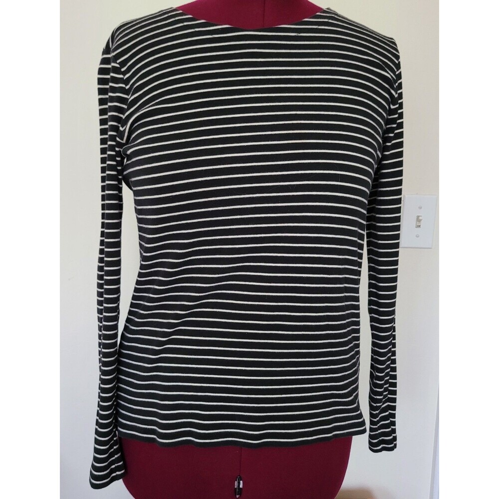 Jones New York Signature Women's XL Black White Striped Zipper Shoulder Top